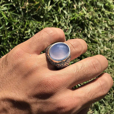 Light Blue Yemeni Aqeeq Agate | خاتم عقيق يمني ازرق | Sterling Silver Aqeeq Ring AlAliGems - Al Ali Gems