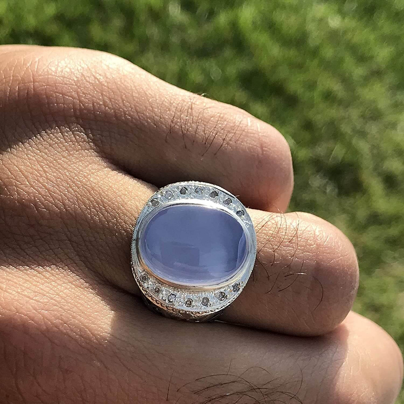 Light Blue Yemeni Aqeeq Agate | خاتم عقيق يمني ازرق | Sterling Silver Aqeeq Ring AlAliGems - Al Ali Gems