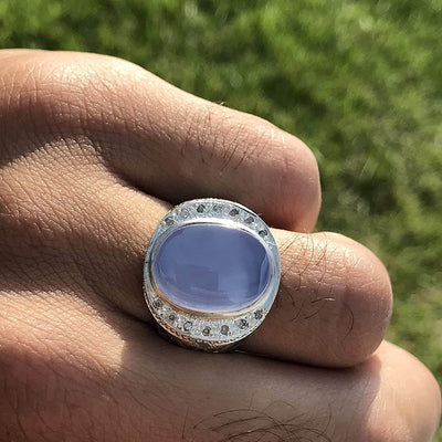 Light Blue Yemeni Aqeeq Agate | خاتم عقيق يمني ازرق | Sterling Silver Aqeeq Ring AlAliGems - Al Ali Gems
