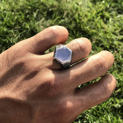 Light Blue Yemeni Aqeeq Agate | خاتم عقيق يمني ازرق | Sterling Silver Aqeeq Ring AlAliGems - Al Ali Gems