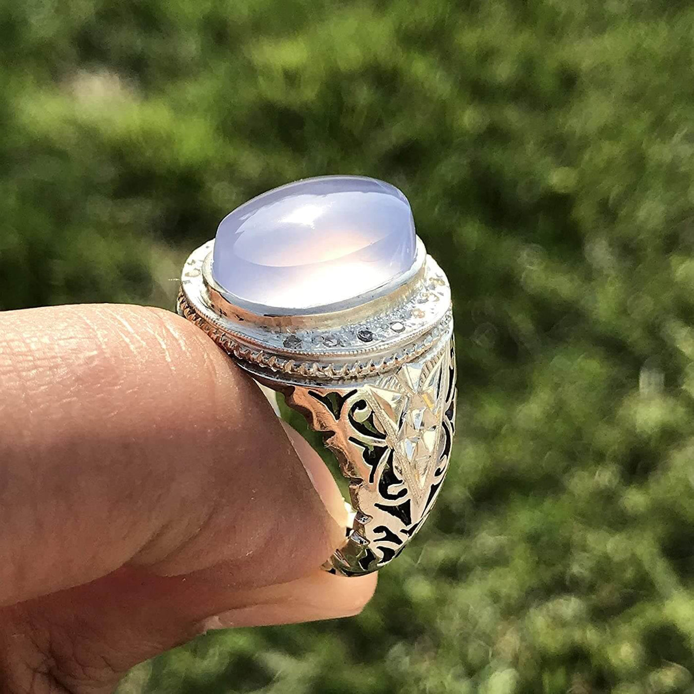 Light Blue Yemeni Aqeeq Agate | خاتم عقيق يمني ازرق | Sterling Silver Aqeeq Ring AlAliGems - Al Ali Gems