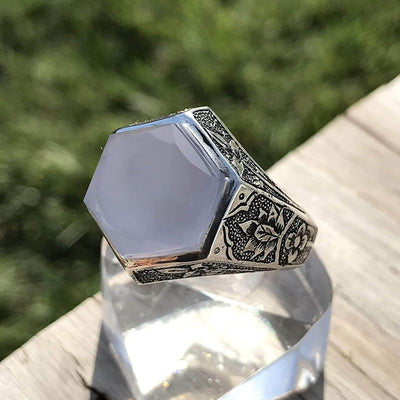 Light Blue Yemeni Aqeeq Agate | خاتم عقيق يمني ازرق | Sterling Silver Aqeeq Ring AlAliGems - Al Ali Gems