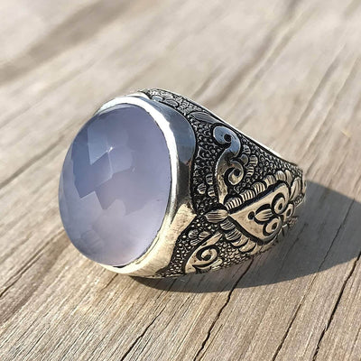Light Blue Yemeni Aqeeq Agate | خاتم عقيق يمني ازرق | Sterling Silver Aqeeq Ring AlAliGems - Al Ali Gems