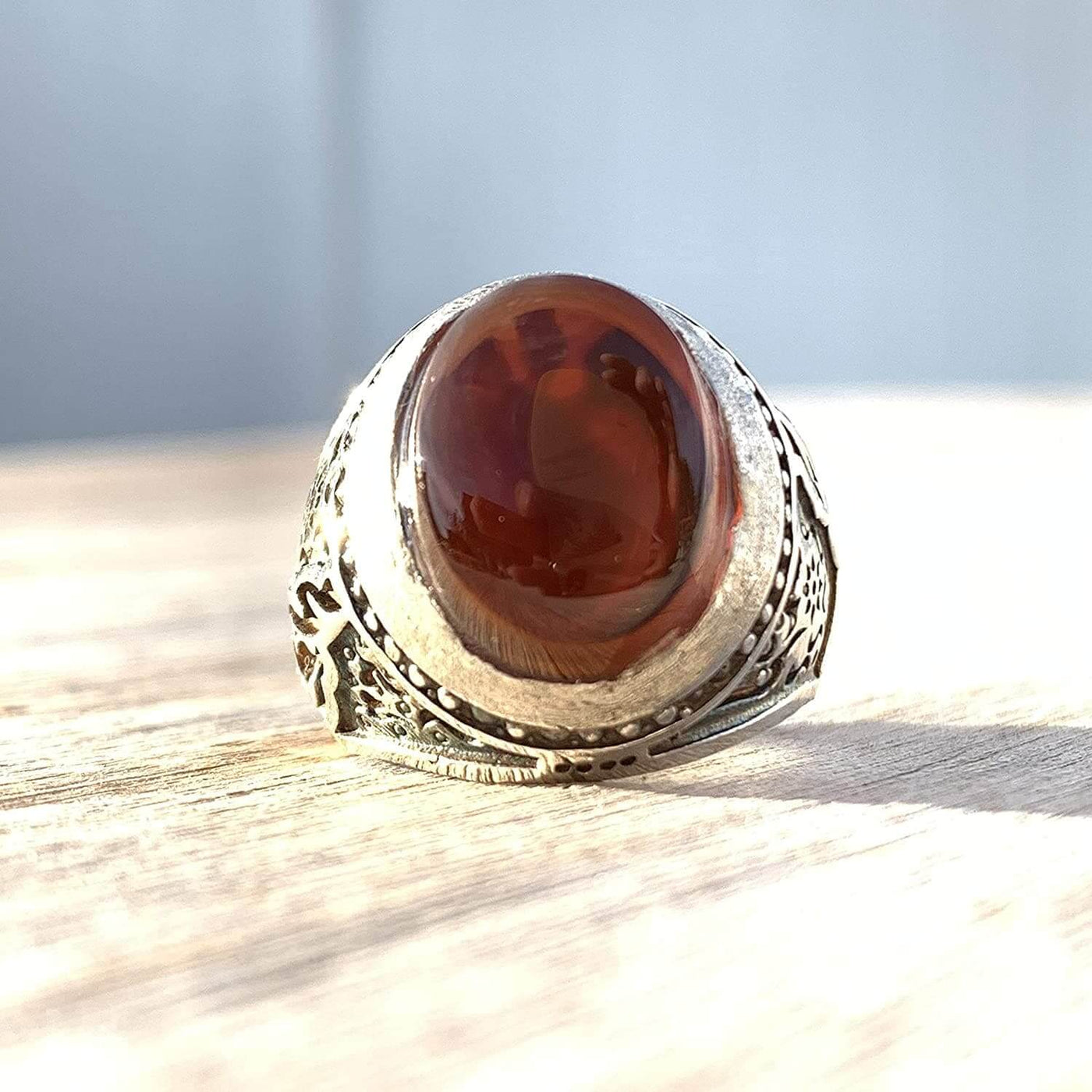 Liver Dark Red Aqeeq Stone Sterling Silver Mens Ring | Yemeni Red Aqeeq Handmade S925 | AlAliGems Size 9 - Al Ali Gems
