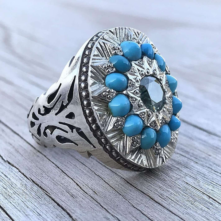 Persian Sterling Silver Turquoise with Moissanite Gem Ring | US Size 11.5 - Al Ali Gems