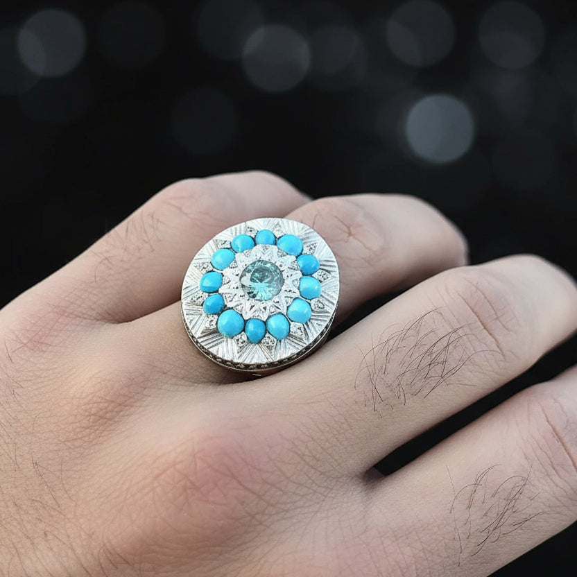 Persian Sterling Silver Turquoise with Moissanite Gem Ring | US Size 11.5 - Al Ali Gems