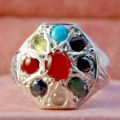 Multi Stone Handmade Persian Ring | AlAliGems | Agate Turquoise Ruby Hematite Emerald Quartz Sapphire Coral Peridot | Silver 925 | US SIZE 9.5 - Al Ali Gems