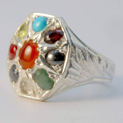 Multi Stone Handmade Persian Ring | AlAliGems | Agate Turquoise Ruby Hematite Emerald Quartz Sapphire Coral Peridot | Silver 925 | US SIZE 9.5 - Al Ali Gems