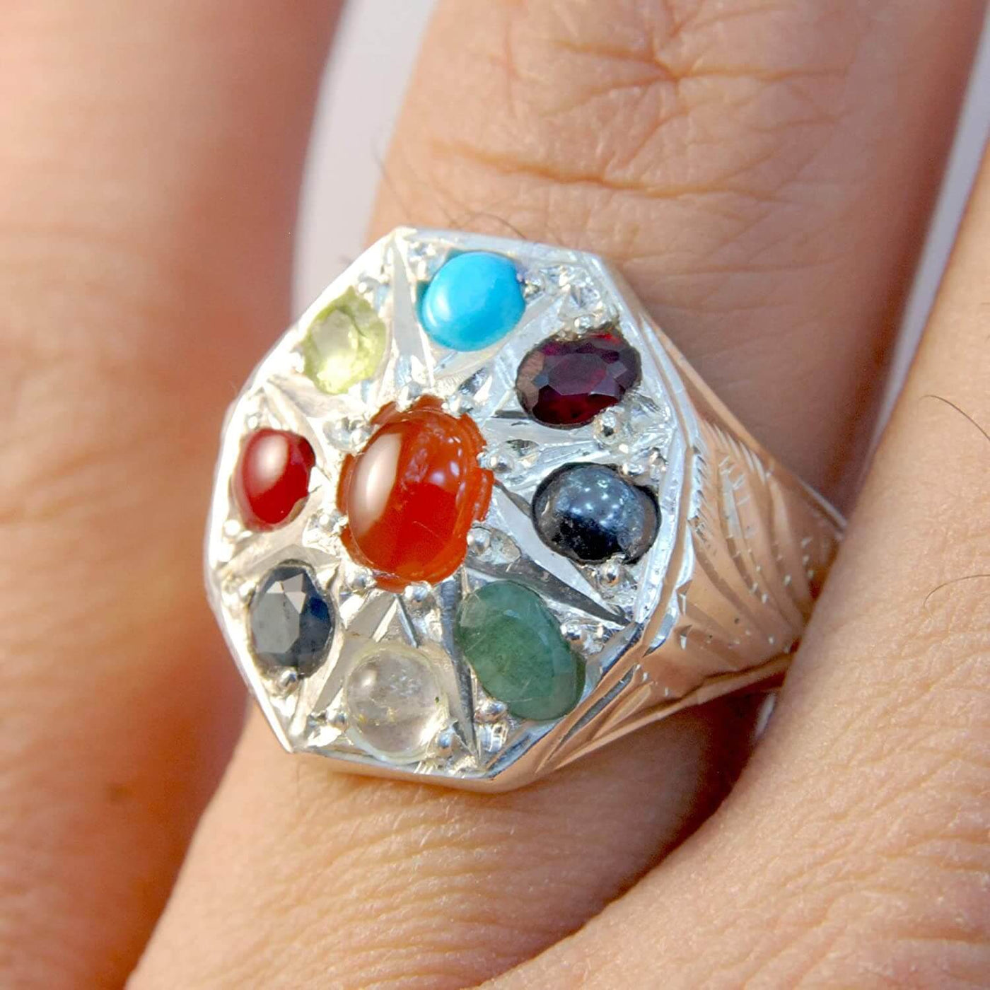 Multi Stone Handmade Persian Ring | AlAliGems | Agate Turquoise Ruby Hematite Emerald Quartz Sapphire Coral Peridot | Silver 925 | US SIZE 9.5 - Al Ali Gems