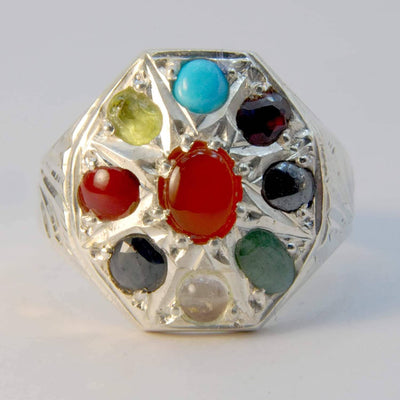 Multi Stone Handmade Persian Ring | AlAliGems | Agate Turquoise Ruby Hematite Emerald Quartz Sapphire Coral Peridot | Silver 925 | US SIZE 9.5 - Al Ali Gems