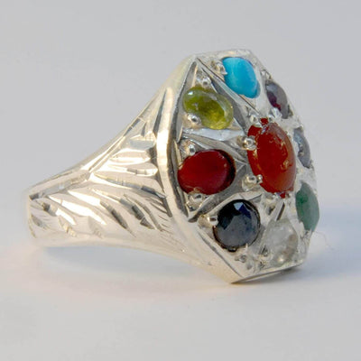 Multi Stone Handmade Persian Ring | AlAliGems | Agate Turquoise Ruby Hematite Emerald Quartz Sapphire Coral Peridot | Silver 925 | US SIZE 9.5 - Al Ali Gems