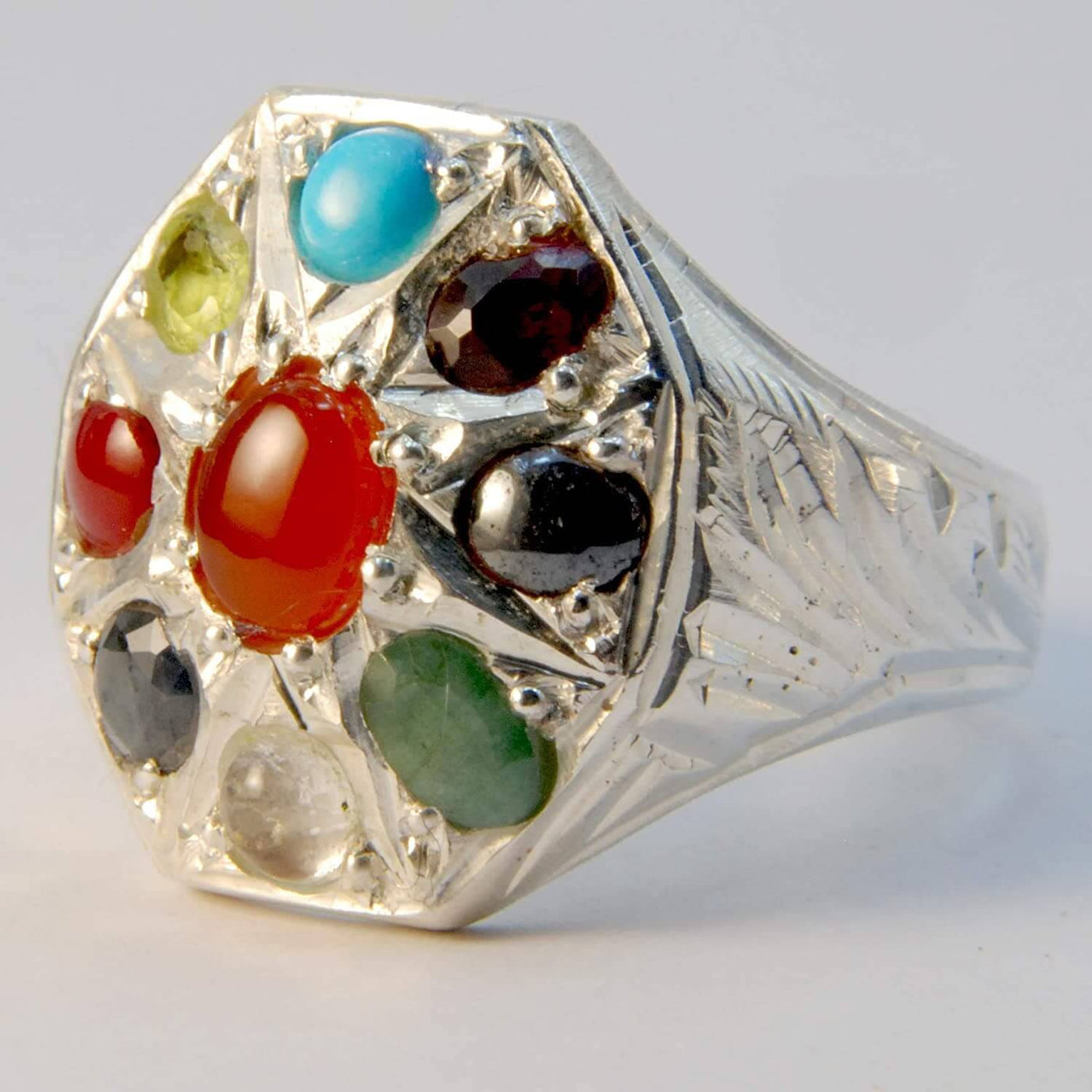 Multi Stone Handmade Persian Ring | AlAliGems | Agate Turquoise Ruby Hematite Emerald Quartz Sapphire Coral Peridot | Silver 925 | US SIZE 9.5 - Al Ali Gems
