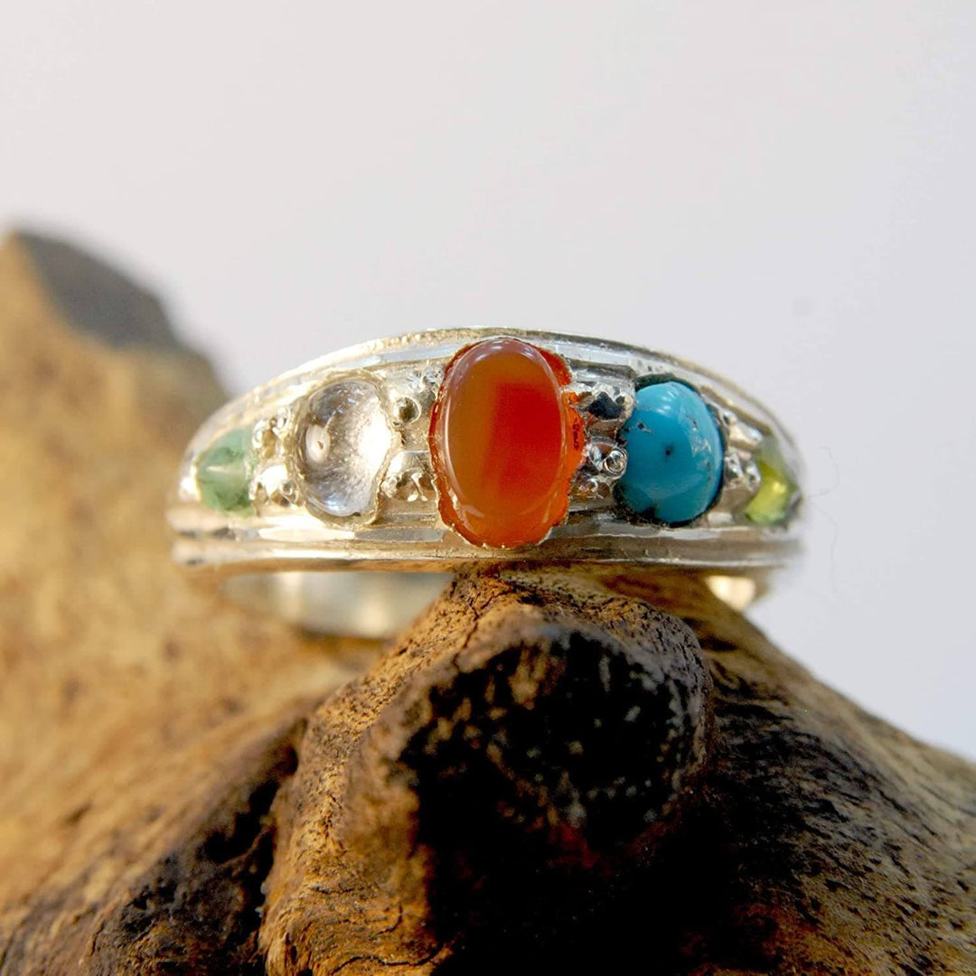 Multi Stone Handmade Ring | Gemstones Emerald Peridot Agate Quartz Turquoise - Al Ali Gems