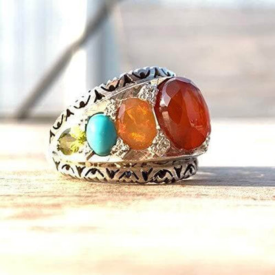 Multi Stone Handmade Persian Ring | Ruby Emerald Sapphire Peridot Agate Quartz Turquoise - Al Ali Gems