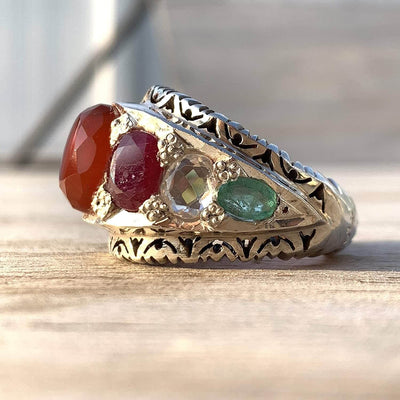 Multi Stone Handmade Persian Ring | Ruby Emerald Sapphire Peridot Agate Quartz Turquoise - Al Ali Gems