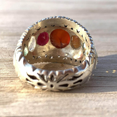 Multi Stone Handmade Persian Ring | Ruby Emerald Sapphire Peridot Agate Quartz Turquoise - Al Ali Gems
