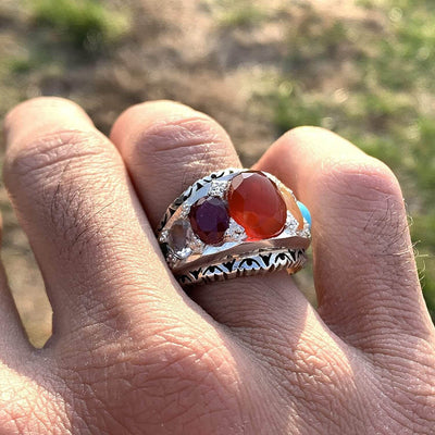 Multi Stone Handmade Persian Ring | Ruby Emerald Sapphire Peridot Agate Quartz Turquoise - Al Ali Gems