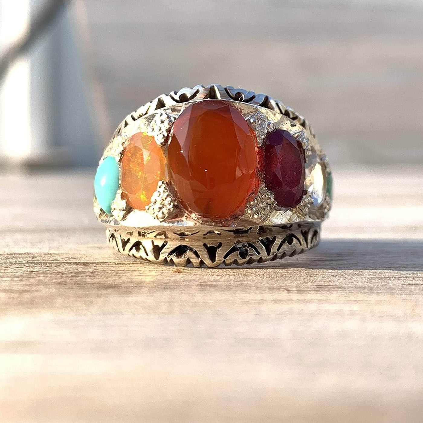 Multi Stone Handmade Persian Ring | Ruby Emerald Sapphire Peridot Agate Quartz Turquoise - Al Ali Gems