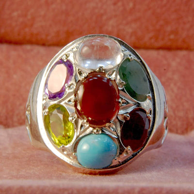 Multi Stone Handmade Persian Ring | AlAliGems | Ruby Emerald Sapphire Peridot Agate Quartz Turquoise | Silver 925 | US SIZE 9 - Al Ali Gems