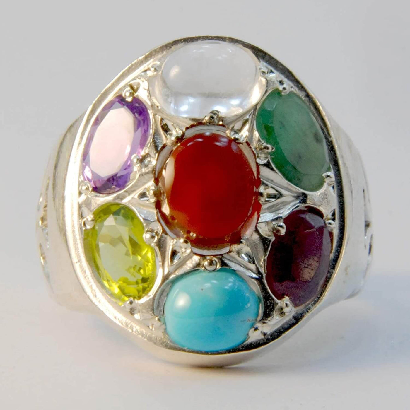 Multi Stone Handmade Persian Ring | AlAliGems | Ruby Emerald Sapphire Peridot Agate Quartz Turquoise | Silver 925 | US SIZE 9 - Al Ali Gems