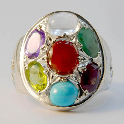 Multi Stone Handmade Persian Ring | AlAliGems | Ruby Emerald Sapphire Peridot Agate Quartz Turquoise | Silver 925 | US SIZE 9 - Al Ali Gems