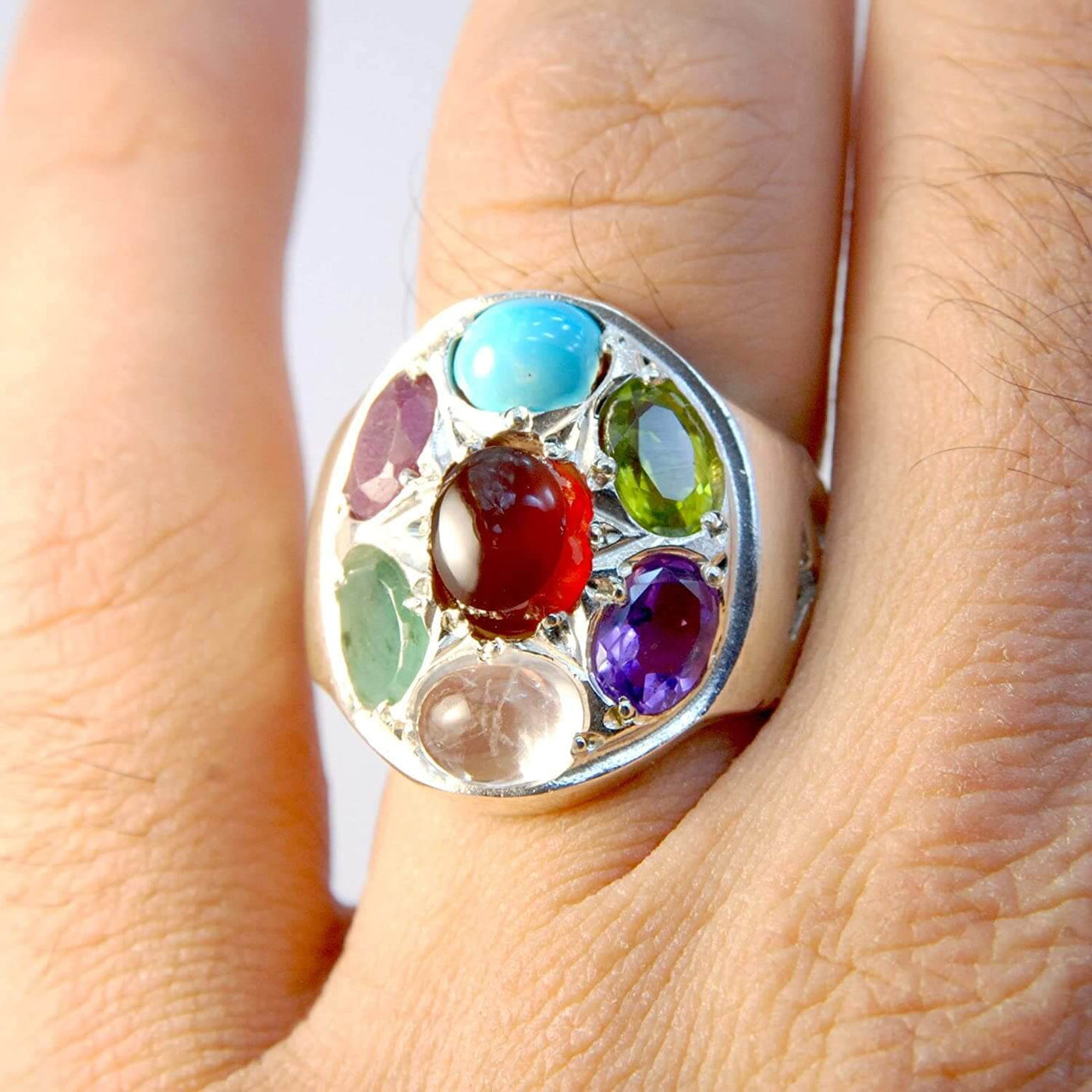 Multi Stone Handmade Persian Ring | AlAliGems | Ruby Emerald Sapphire Peridot Agate Quartz Turquoise | Silver 925 | US SIZE 9 - Al Ali Gems