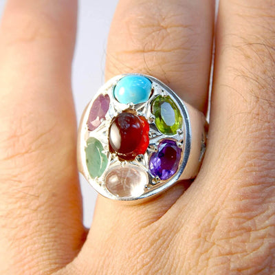 Multi Stone Handmade Persian Ring | AlAliGems | Ruby Emerald Sapphire Peridot Agate Quartz Turquoise | Silver 925 | US SIZE 9 - Al Ali Gems
