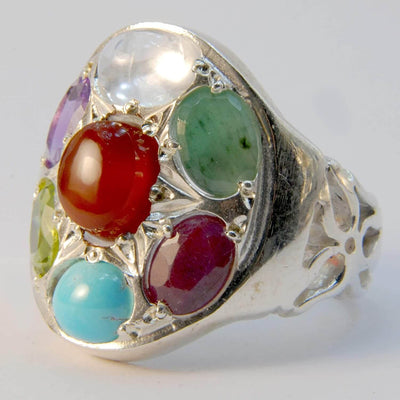 Multi Stone Handmade Persian Ring | AlAliGems | Ruby Emerald Sapphire Peridot Agate Quartz Turquoise | Silver 925 | US SIZE 9 - Al Ali Gems
