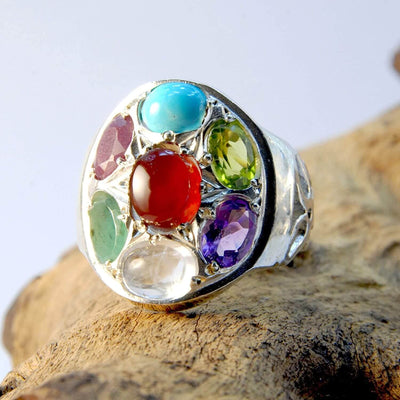 Multi Stone Handmade Persian Ring | AlAliGems | Ruby Emerald Sapphire Peridot Agate Quartz Turquoise | Silver 925 | US SIZE 9 - Al Ali Gems