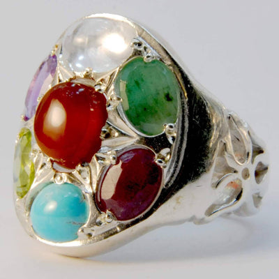 Multi Stone Handmade Persian Ring | AlAliGems | Ruby Emerald Sapphire Peridot Agate Quartz Turquoise | Silver 925 | US SIZE 9 - Al Ali Gems
