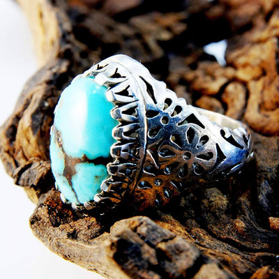 Natural Persian Turquoise Ring | AlAliGems | S925 | Oval Blue Neyshabur Turquoise | US Size 13 - Al Ali Gems