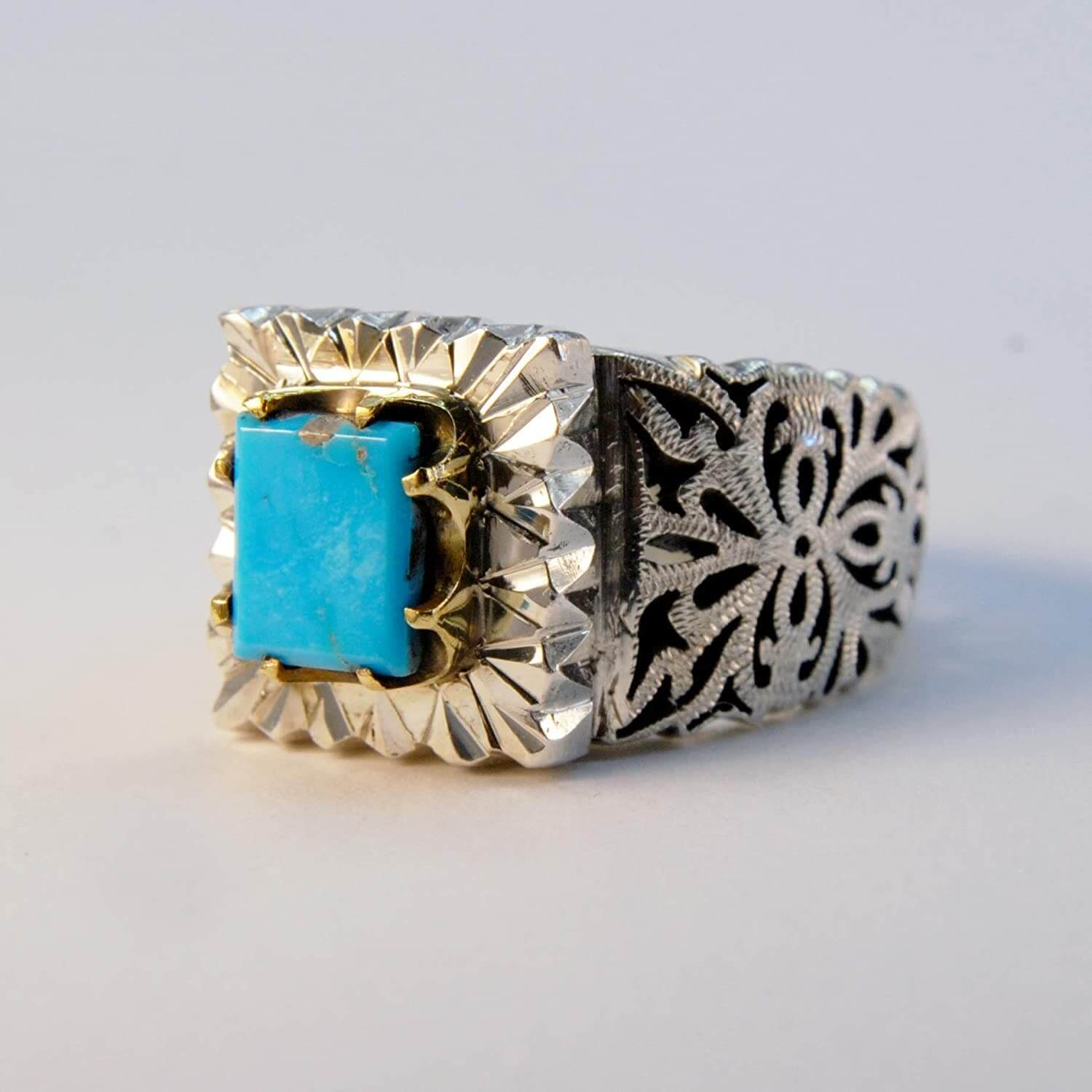 Zahhak Persian Turquoise Sterling Silver Ring | Feroza US 11.5