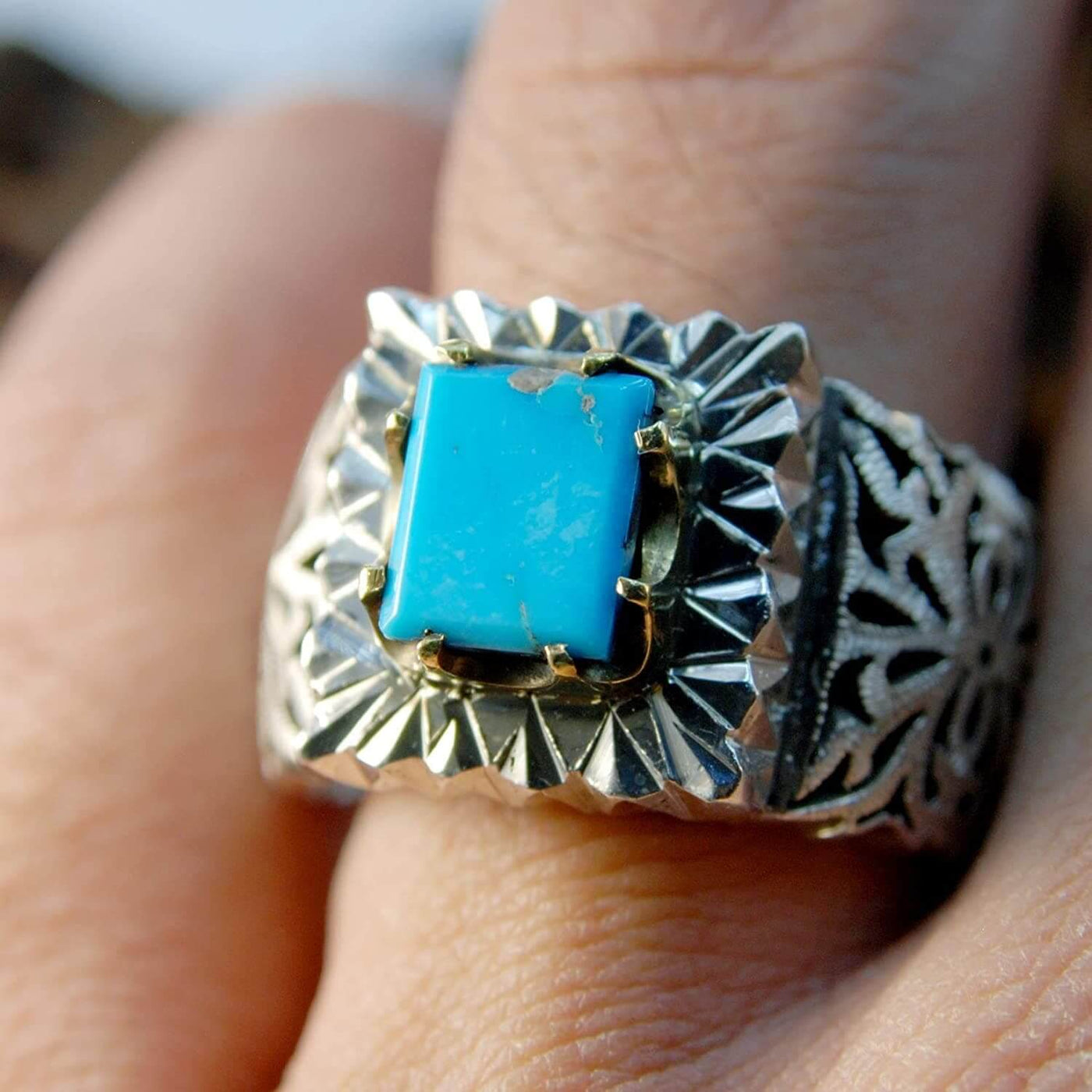 Natural Persian Turquoise Ring Sterling Silver US Size 11.5 - Al Ali Gems