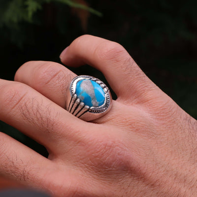 Kermani Feroza Stone Ring | Natural Blue Turquoise Stone Ring | Sterling Silver 92.5 | Geniune Feroza Stone | US Size 11 - AlAliGems