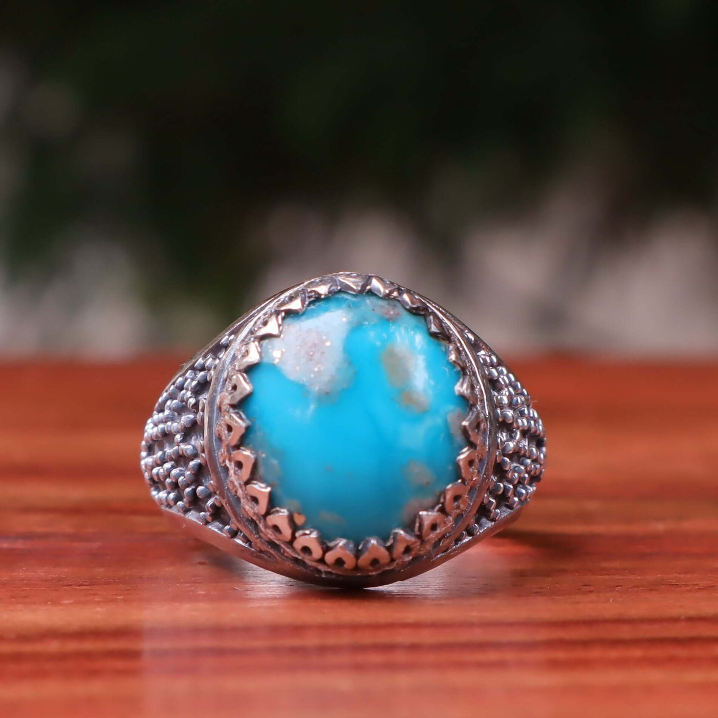 Kermani Feroza Stone Ring | Natural Blue Turquoise Stone Ring | Sterling Silver 92.5 | Geniune Feroza Stone | US Size 11 - AlAliGems