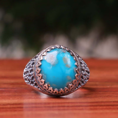 Kermani Feroza Stone Ring | Natural Blue Turquoise Stone Ring | Sterling Silver 92.5 | Geniune Feroza Stone | US Size 11 - AlAliGems