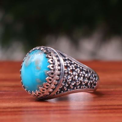 Kermani Feroza Stone Ring | Natural Blue Turquoise Stone Ring | Sterling Silver 92.5 | Geniune Feroza Stone | US Size 11 - AlAliGems