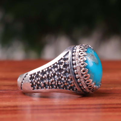 Kermani Feroza Stone Ring | Natural Blue Turquoise Stone Ring | Sterling Silver 92.5 | Geniune Feroza Stone | US Size 11 - AlAliGems