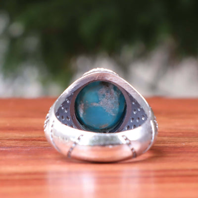 Kermani Feroza Stone Ring | Natural Blue Turquoise Stone Ring | Sterling Silver 92.5 | Geniune Feroza Stone | US Size 11 - AlAliGems