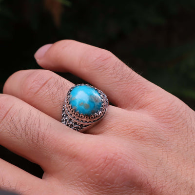 Kermani Feroza Stone Ring | Natural Blue Turquoise Stone Ring | Sterling Silver 92.5 | Geniune Feroza Stone | US Size 11 - AlAliGems