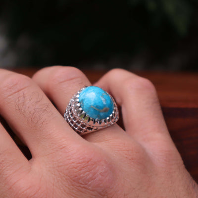 Kermani Feroza Stone Ring | Natural Blue Turquoise Stone Ring | Sterling Silver 92.5 | Geniune Feroza Stone | US Size 9 - AlAliGems