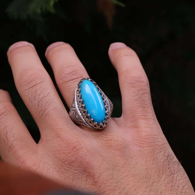 Kermani Feroza Stone Ring | Natural Blue Turquoise Stone Ring | Sterling Silver 92.5 | Geniune Feroza Stone | US Size 11 - AlAliGems
