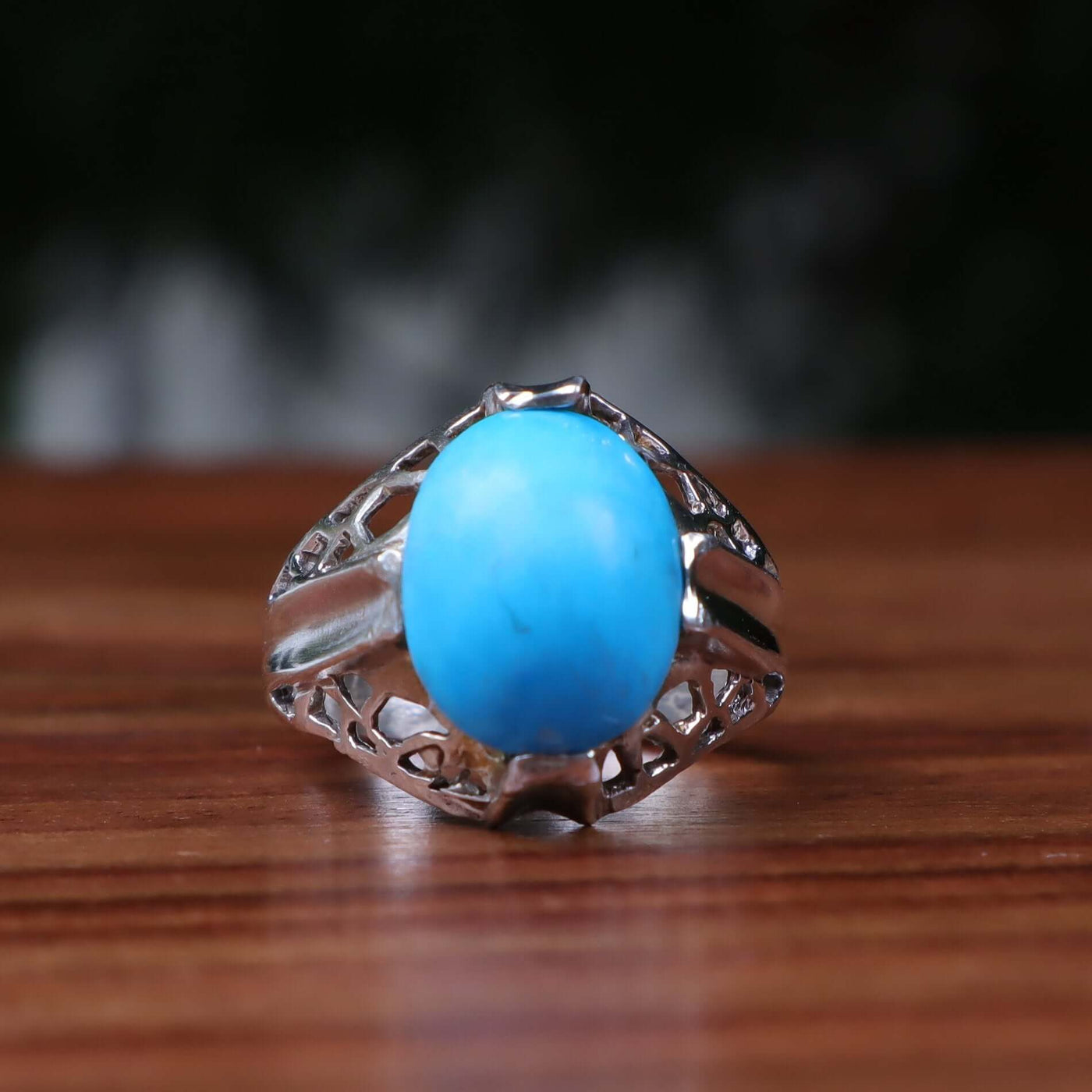 Kermani Feroza Stone Ring | Natural Blue Turquoise Stone Ring | Sterling Silver 92.5 | Geniune Feroza Stone | US Size 8 - AlAliGems