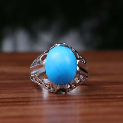 Kermani Feroza Stone Ring | Natural Blue Turquoise Stone Ring | Sterling Silver 92.5 | Geniune Feroza Stone | US Size 8 - AlAliGems