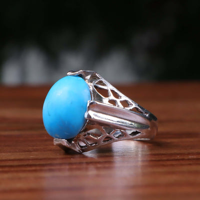 Kermani Feroza Stone Ring | Natural Blue Turquoise Stone Ring | Sterling Silver 92.5 | Geniune Feroza Stone | US Size 8 - AlAliGems