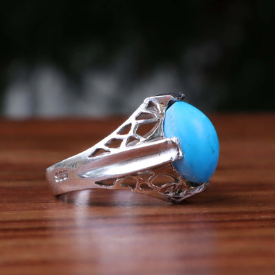 Kermani Feroza Stone Ring | Natural Blue Turquoise Stone Ring | Sterling Silver 92.5 | Geniune Feroza Stone | US Size 8 - AlAliGems