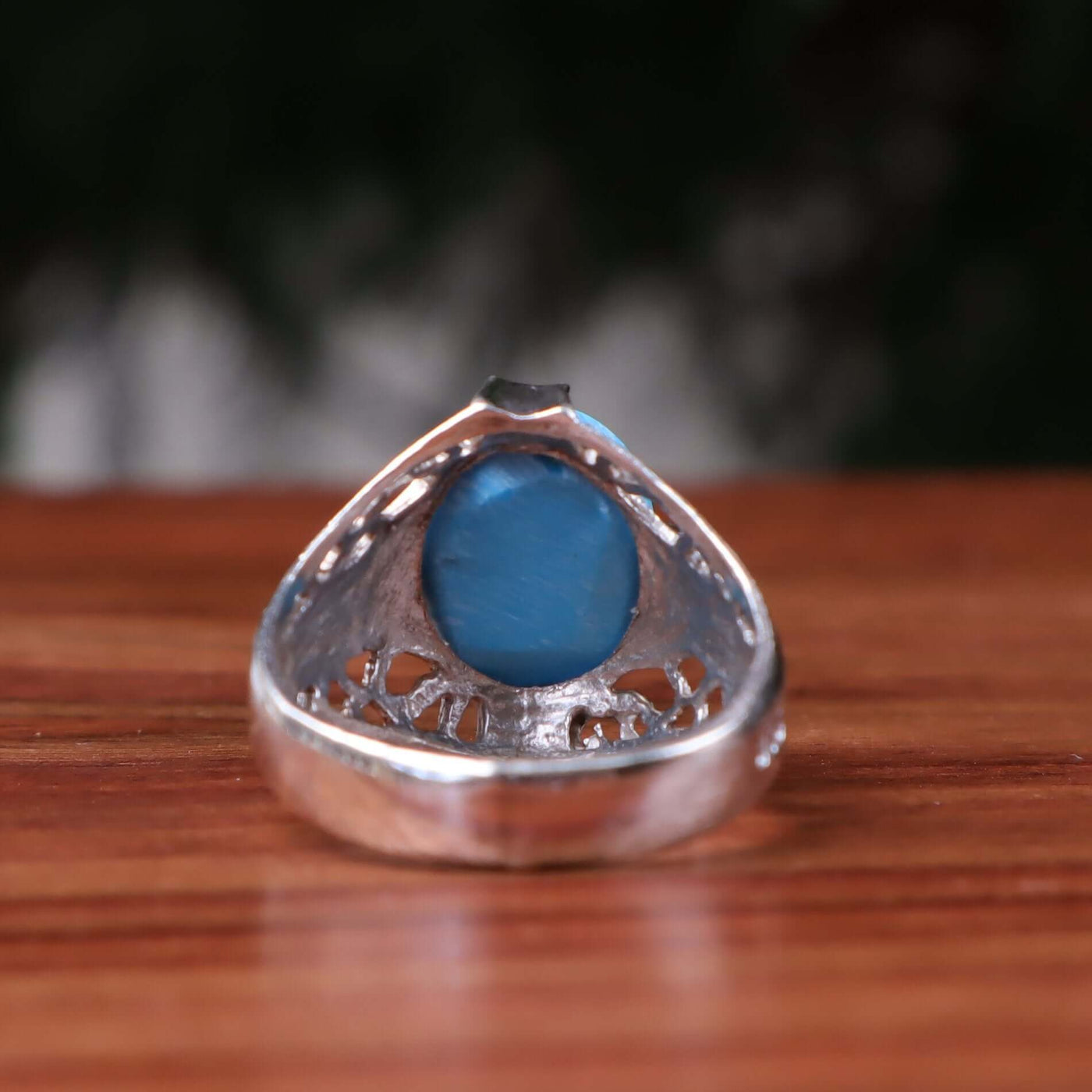 Kermani Feroza Stone Ring | Natural Blue Turquoise Stone Ring | Sterling Silver 92.5 | Geniune Feroza Stone | US Size 8 - AlAliGems