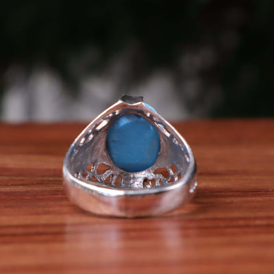 Kermani Feroza Stone Ring | Natural Blue Turquoise Stone Ring | Sterling Silver 92.5 | Geniune Feroza Stone | US Size 8 - AlAliGems