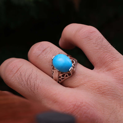 Kermani Feroza Stone Ring | Natural Blue Turquoise Stone Ring | Sterling Silver 92.5 | Geniune Feroza Stone | US Size 8 - AlAliGems