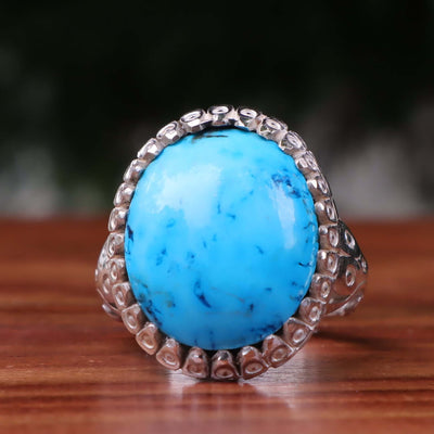 Kermani Feroza Stone Ring | Natural Blue Turquoise Stone Ring | Sterling Silver 92.5 | Geniune Feroza Stone | US Size 11.5 - AlAliGems